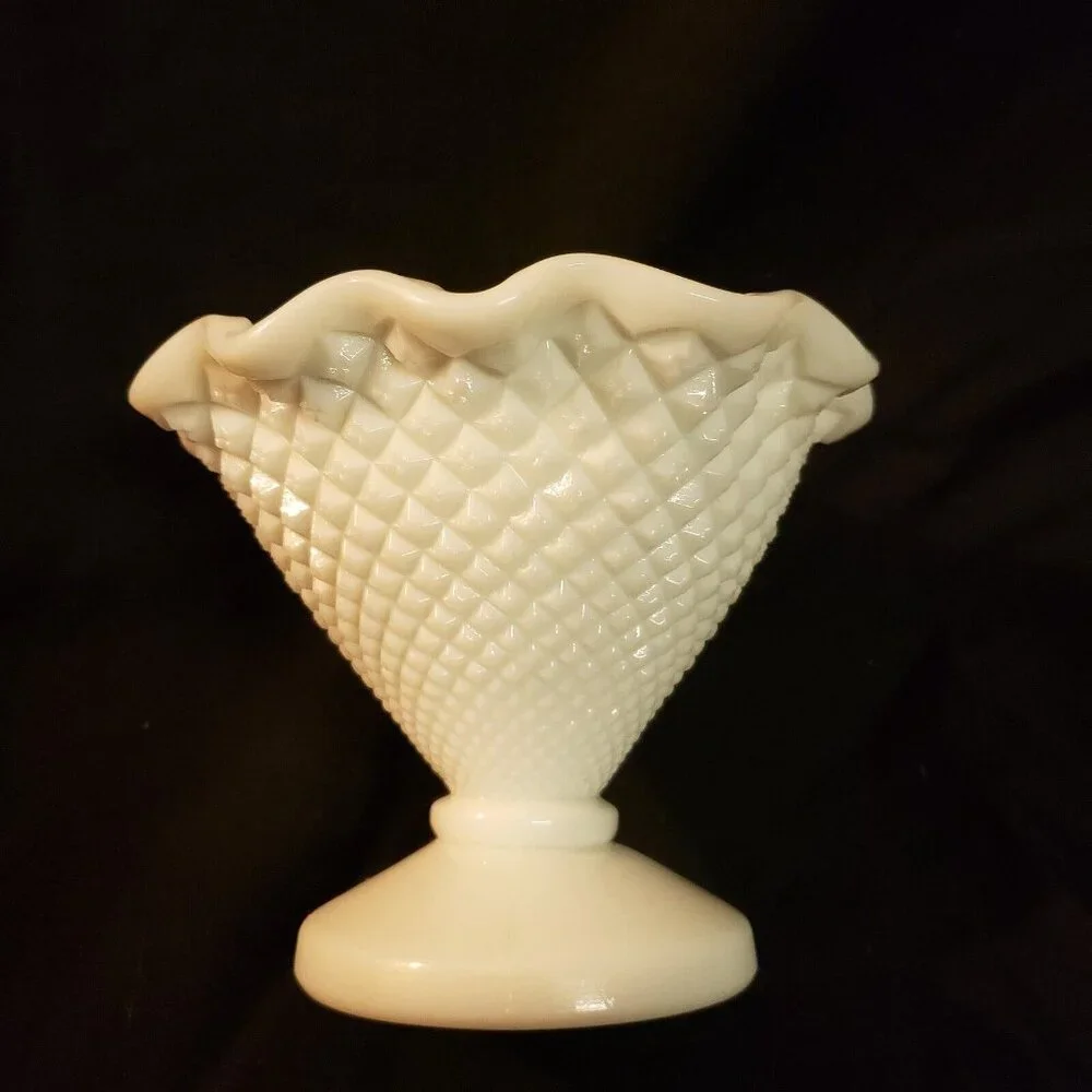 Vintage Milk Glass Diamond‎ Point Hobnail Vase Bowl Candy Dish Mid Century 4.5